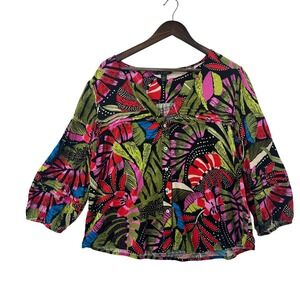 Tribal Blouse Womens Large Multicolor Tropical Floral 3/4 Sleeve Rayon Excellent